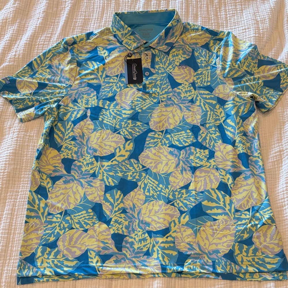 Tropical Blue and Yellow Leaf Print Polo Shirt